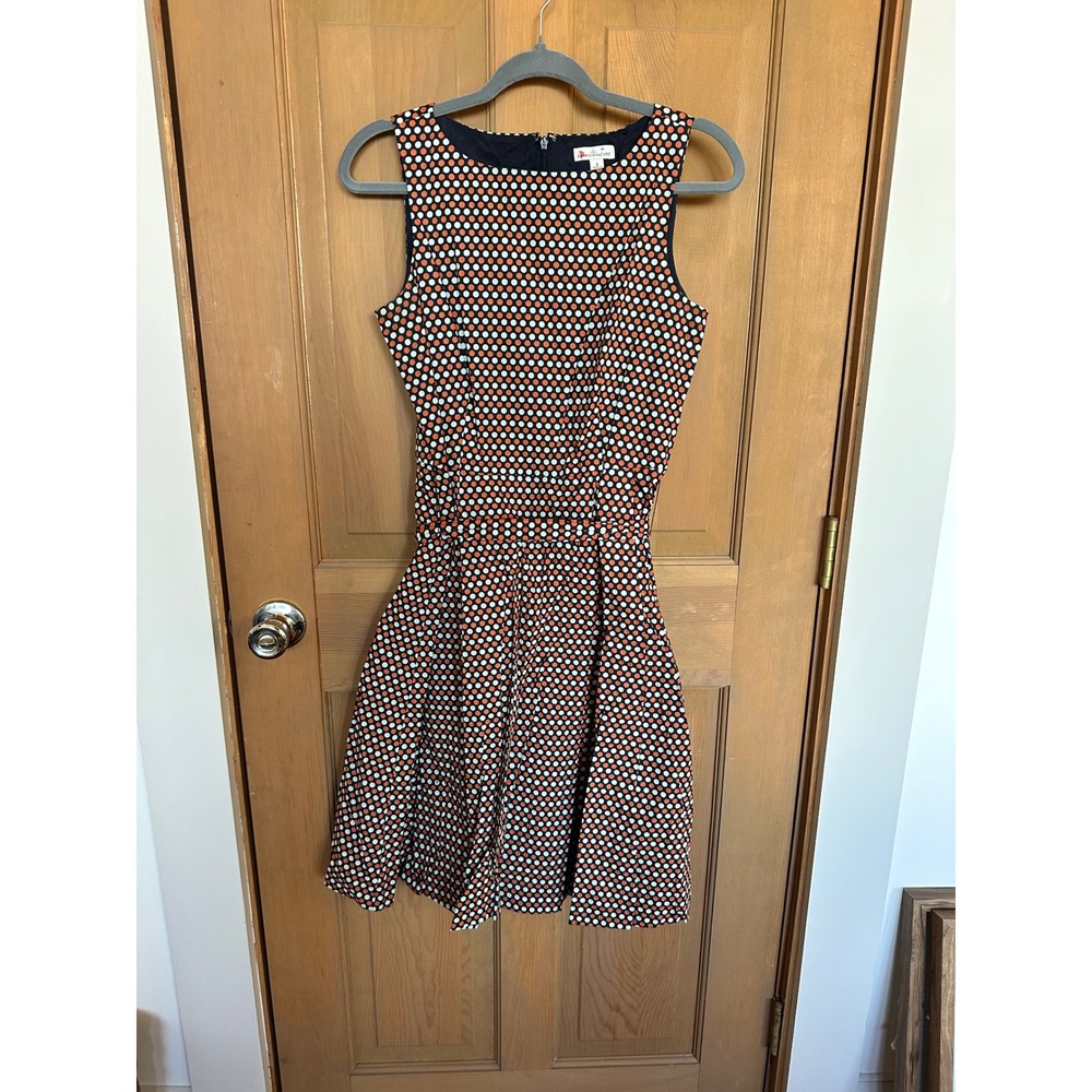 LL Bean‎ Signature Polka Dot Fit Flare Dress Navy Orange White Size 4 Sleeveless